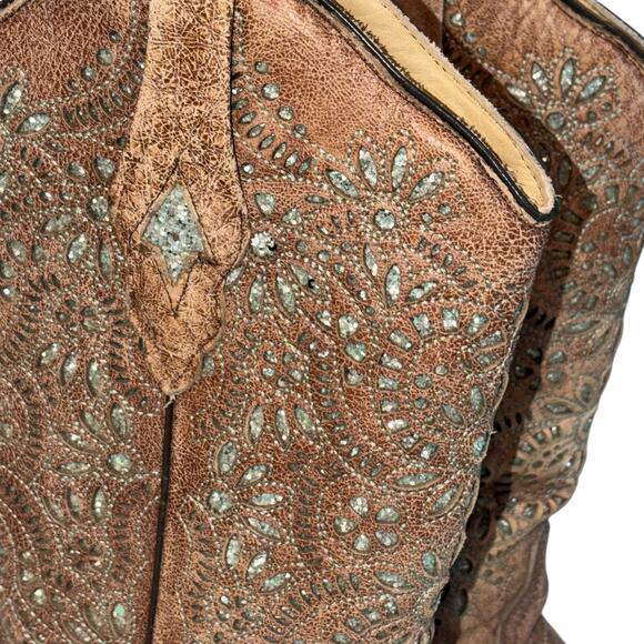 Corral Brown Leather Turquoise Glitter Inlay & Stitching Boots Snip Toe A3352 7M - Picture 4 of 16
